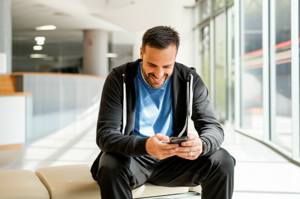 Coach smiling at phone