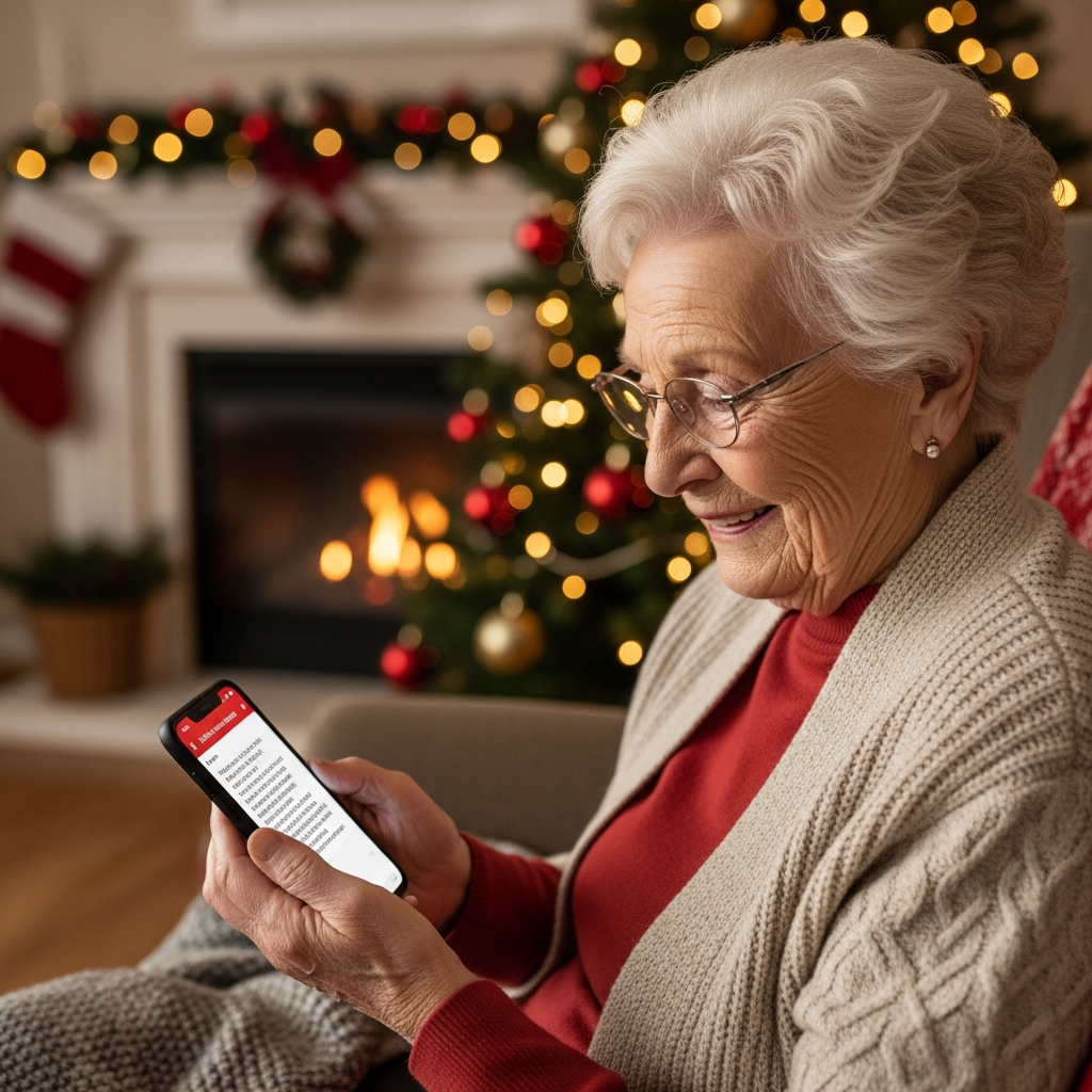 Grandmother smiling at phone