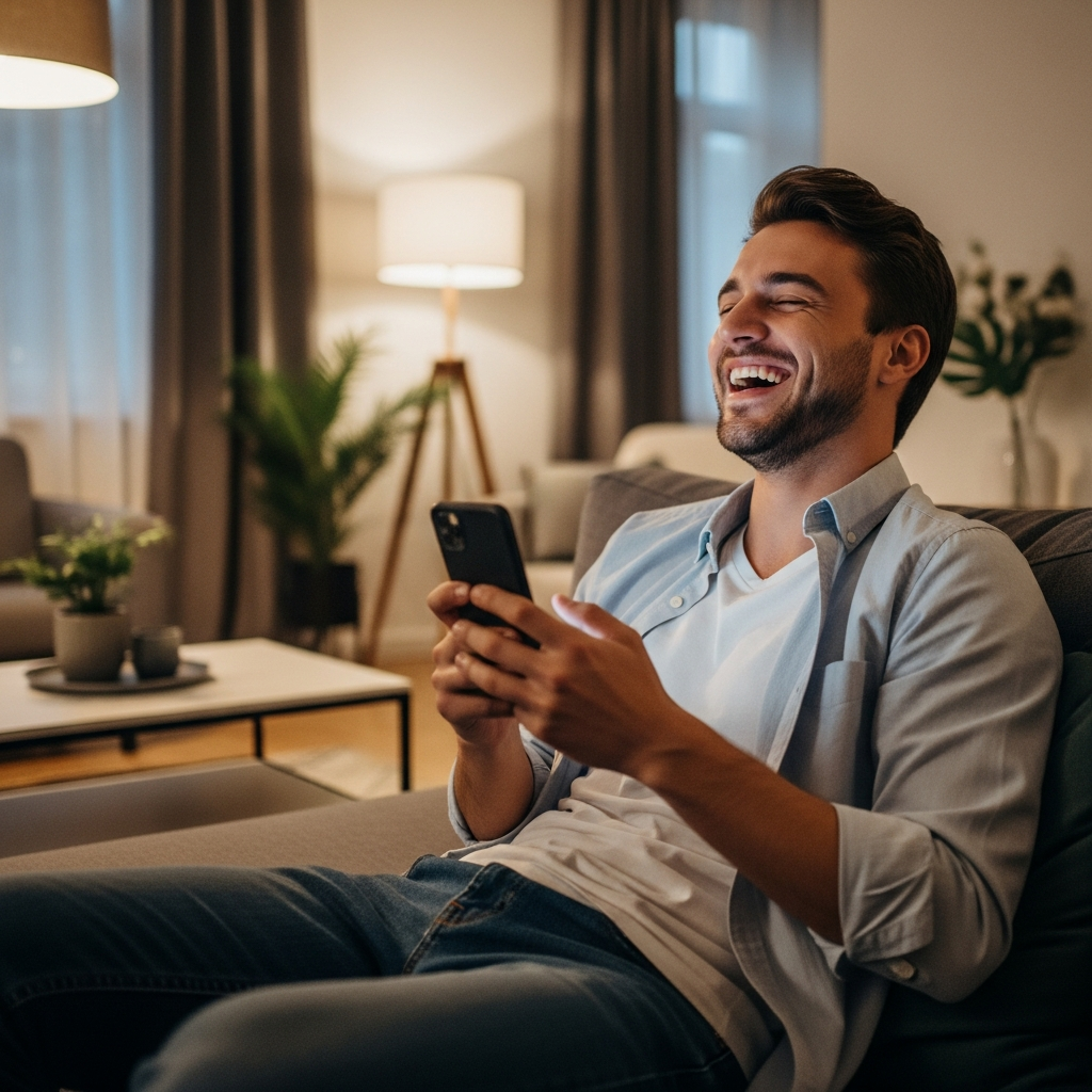Man smiling at phone